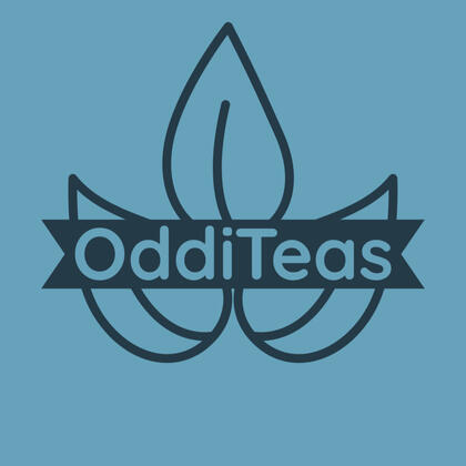 OddiTeas Logo. 3 leaves in a triangle with a banner over the center that reads "OddiTeas." Dark Blue on Light Blue